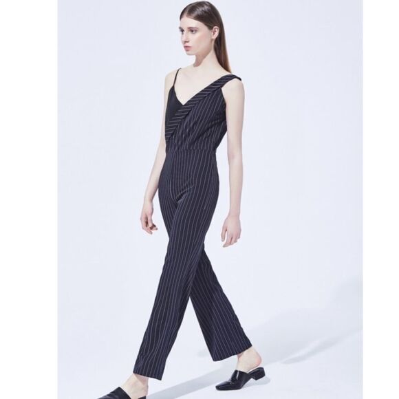 Asymmetrical Pinstripe and Lace Jumpsuit - Picture 2 of 4